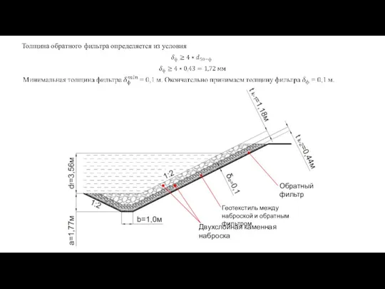 Толщина обратного фильтра определяется из условия Двухслойная каменная наброска Геотекстиль между наброской