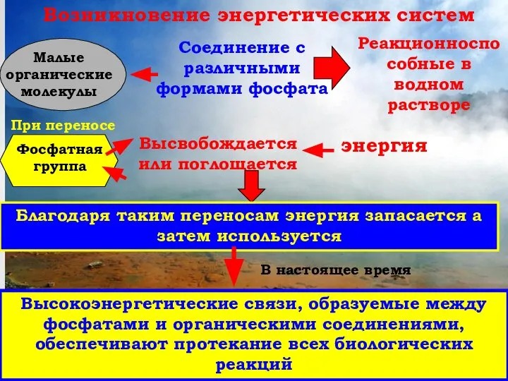 Возникновение энергетических систем Малые органические молекулы Соединение с различными формами фосфата Реакционноспособные