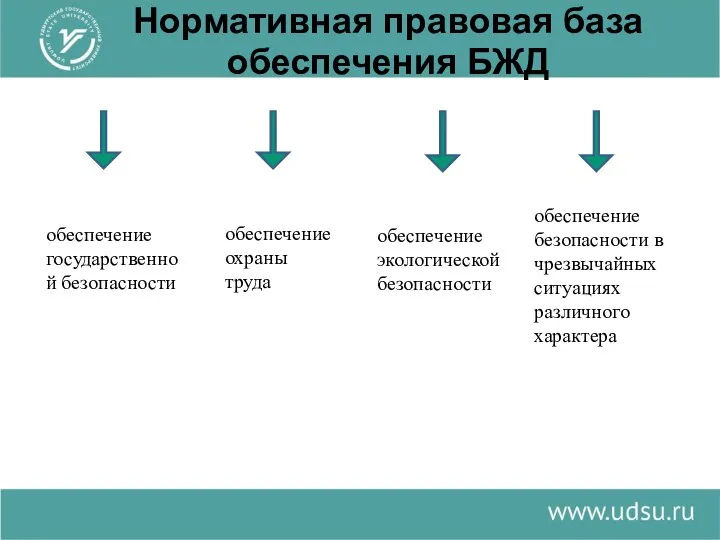 Нормативная правовая база обеспечения БЖД обеспечение государственной безопасности обеспечение охраны труда обеспечение