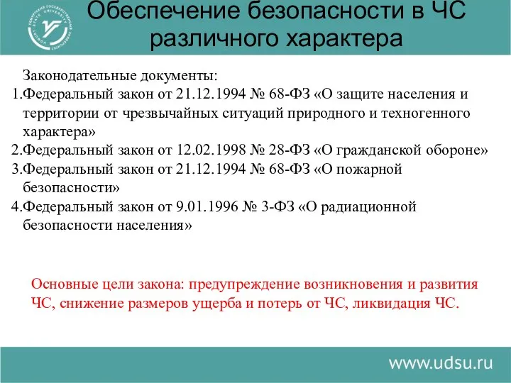 Обеспечение безопасности в ЧС различного характера Законодательные документы: Федеральный закон от 21.12.1994