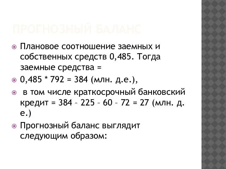 ПРОГНОЗНЫЙ БАЛАНС Плановое соотношение заемных и собственных средств 0,485. Тогда заемные средства