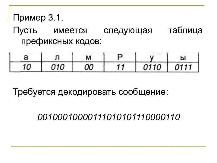 Пример 3.1. Пусть имеется следующая таблица префиксных кодов: Требуется декодировать сообщение: 00100010000111010101110000110