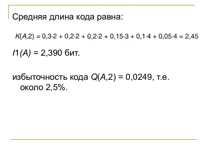 Средняя длина кода равна: I1(A) = 2,390 бит. избыточность кода Q(A,2) = 0,0249, т.е. около 2,5%.