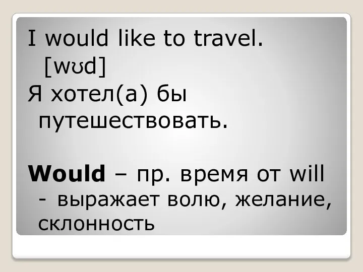 I would like to travel. [wʊd] Я хотел(a) бы путешествовать. Would –