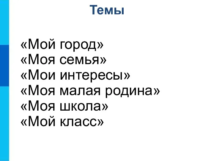 Темы «Мой город» «Моя семья» «Мои интересы» «Моя малая родина» «Моя школа» «Мой класс»