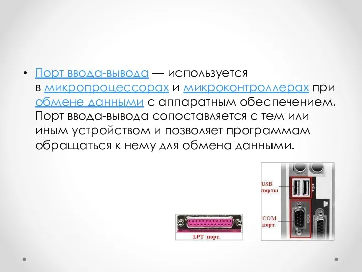 Порт ввода-вывода — используется в микропроцессорах и микроконтроллерах при обмене данными с