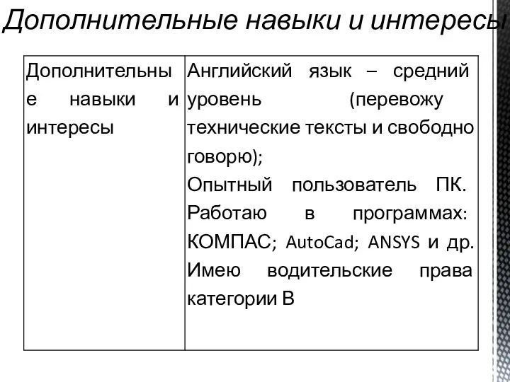 Дополнительные навыки и интересы