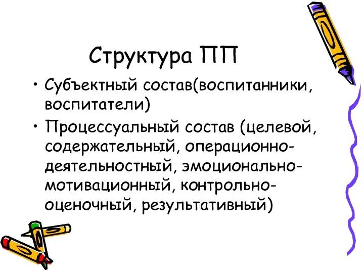 Структура ПП Субъектный состав(воспитанники, воспитатели) Процессуальный состав (целевой, содержательный, операционно-деятельностный, эмоционально-мотивационный, контрольно-оценочный, результативный)