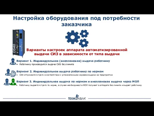 Настройка оборудования под потребности заказчика Варианты настроек аппарата автоматизированной выдачи СИЗ в зависимости от типа выдачи