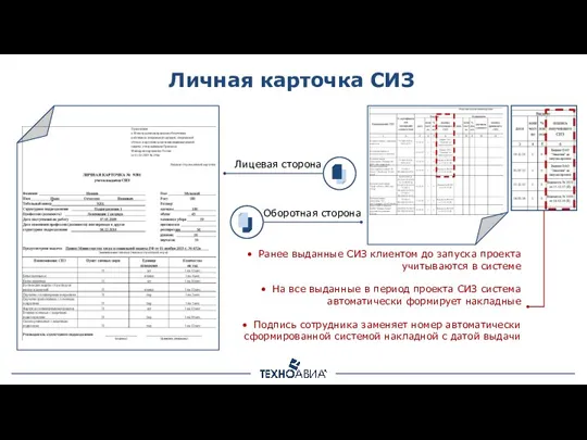 Личная карточка СИЗ Лицевая сторона Оборотная сторона Ранее выданные СИЗ клиентом до