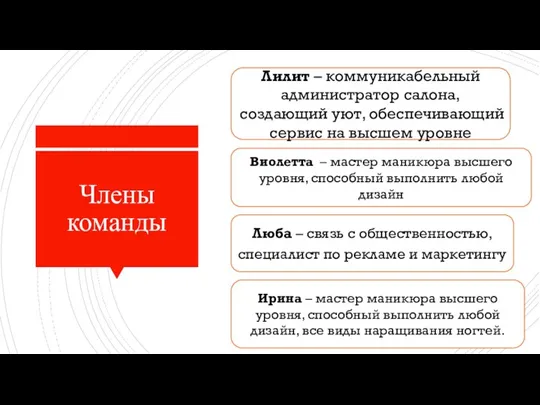 Члены команды Ирина – мастер маникюра высшего уровня, способный выполнить любой дизайн,