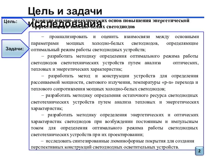 Цель и задачи исследования Задачи: Цель: Развитие научно–методических основ повышения энергетической эффективности