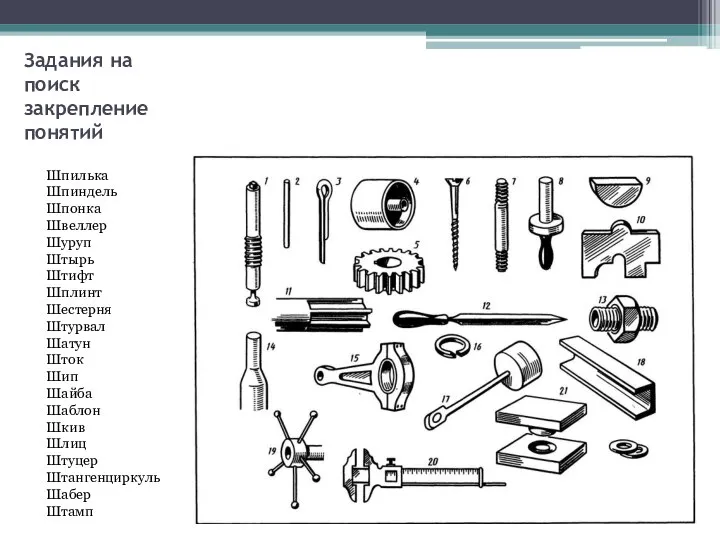 Задания на поиск закрепление понятий Шпилька Шпиндель Шпонка Швеллер Шуруп Штырь Штифт