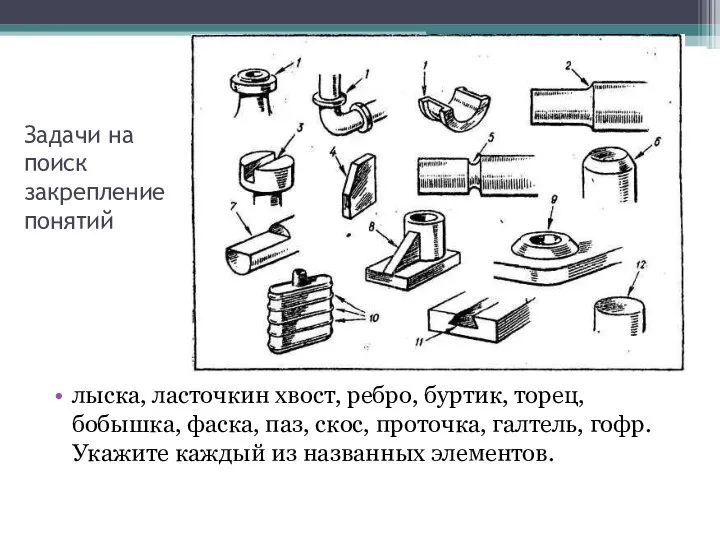 Задачи на поиск закрепление понятий лыска, ласточкин хвост, ребро, буртик, торец, бобышка,