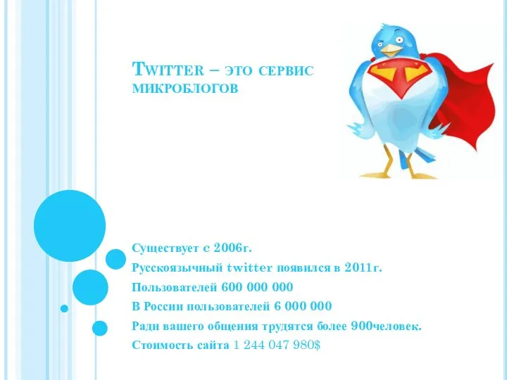 Twitter – это сервис микроблогов Существует c 2006г. Русскоязычный twitter появился в