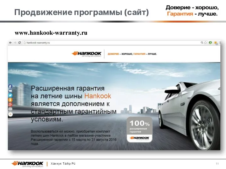 Продвижение программы (сайт) Ханкук Тайр Рс www.hankook-warranty.ru