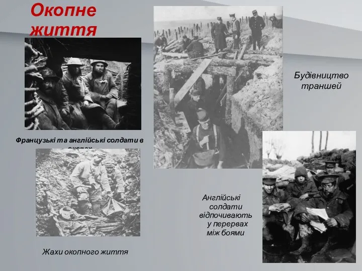 Окопне життя Англійські солдати відпочивають у перервах між боями Французькі та англійські