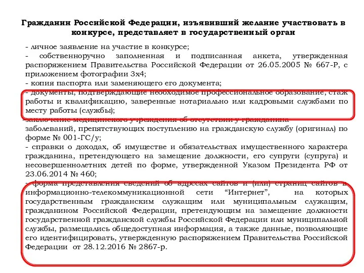 Гражданин Российской Федерации, изъявивший желание участвовать в конкурсе, представляет в государственный орган