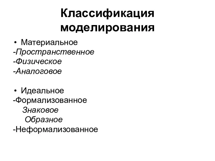 Классификация моделирования Материальное -Пространственное -Физическое -Аналоговое Идеальное -Формализованное Знаковое Образное -Неформализованное