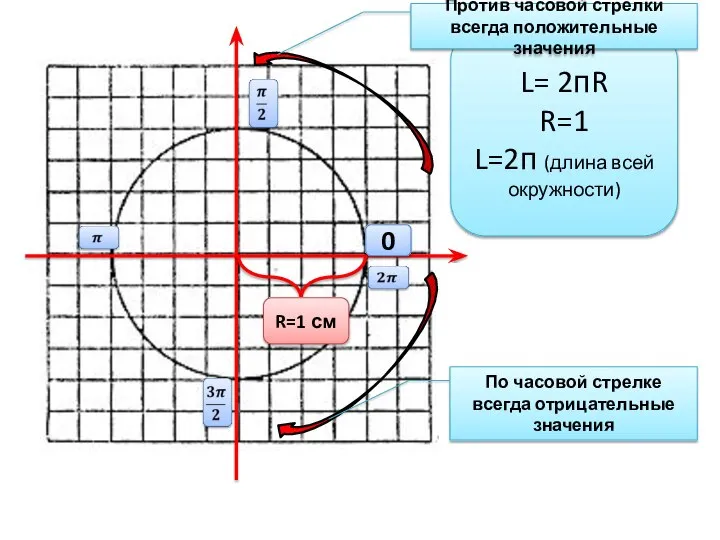 R=1 см L= 2пR R=1 L=2п (длина всей окружности) Против часовой стрелки