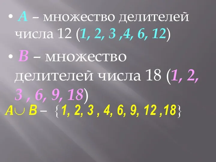 А – множество делителей числа 12 (1, 2, 3 ,4, 6, 12)