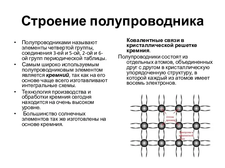 Строение полупроводника Полупроводниками называют элементы четвертой группы, соединения 3-ей и 5-ой, 2-ой
