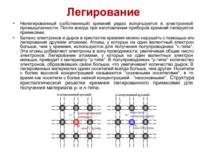 Легирование Нелегированный (собственный) кремний редко используется в электронной промышленности. Почти всегда при