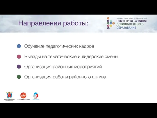 Обучение педагогических кадров Выезды на тематические и лидерские смены Организация районных мероприятий