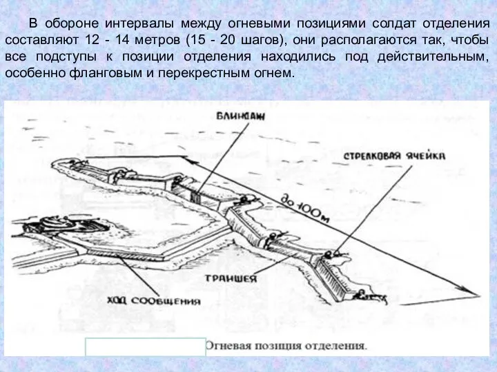 В обороне интервалы между огневыми позициями солдат отделения составляют 12 - 14