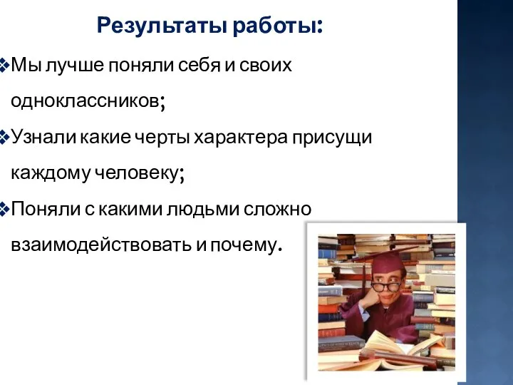 Результаты работы: Мы лучше поняли себя и своих одноклассников; Узнали какие черты