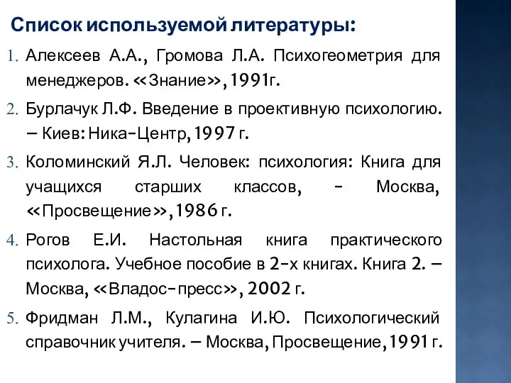 Список используемой литературы: Алексеев А.А., Громова Л.А. Психогеометрия для менеджеров. «Знание», 1991г.