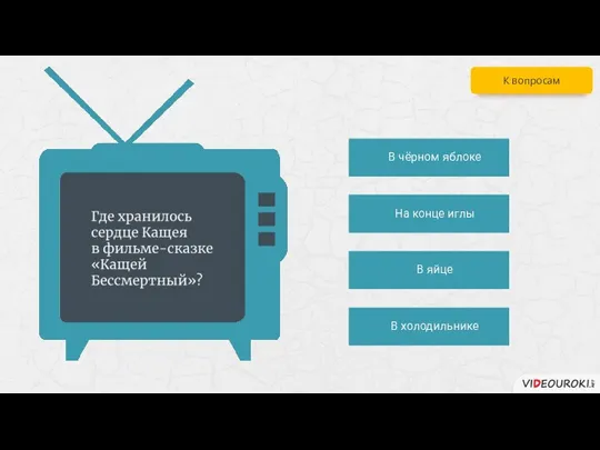 В чёрном яблоке На конце иглы В яйце В холодильнике К вопросам