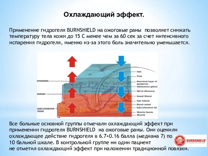 Охлаждающий эффект. Применение гидрогеля BURNSHIELD на ожоговые раны позволяет снижать температуру тела