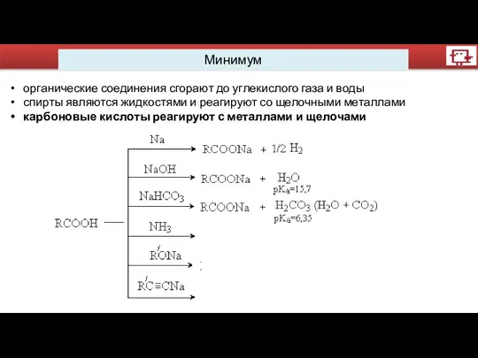 Минимум органические соединения сгорают до углекислого газа и воды спирты являются жидкостями