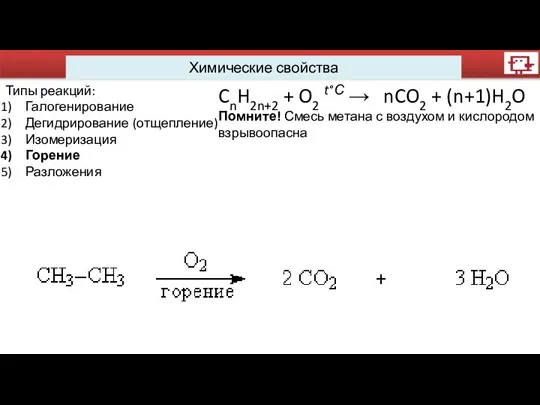 Химические свойства Типы реакций: Галогенирование Дегидрирование (отщепление) Изомеризация Горение Разложения CnH2n+2 +