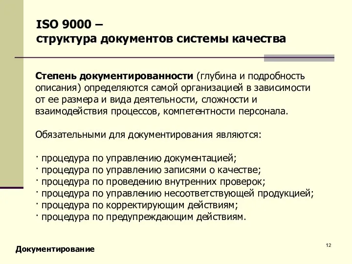 Степень документированности (глубина и подробность описания) определяются самой организацией в зависимости от