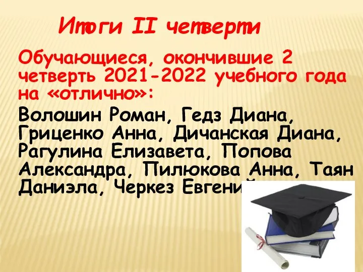 Обучающиеся, окончившие 2 четверть 2021-2022 учебного года на «отлично»: Волошин Роман, Гедз