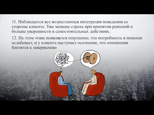 11. Наблюдается все возрастающая интеграция пове­дения со стороны клиента. Уже меньше страха