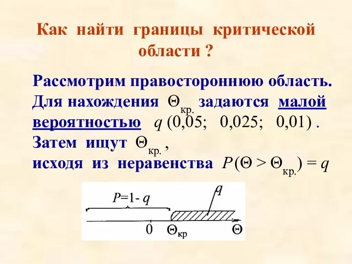 Как найти границы критической области ? Рассмотрим правостороннюю область. Для нахождения Θкр.