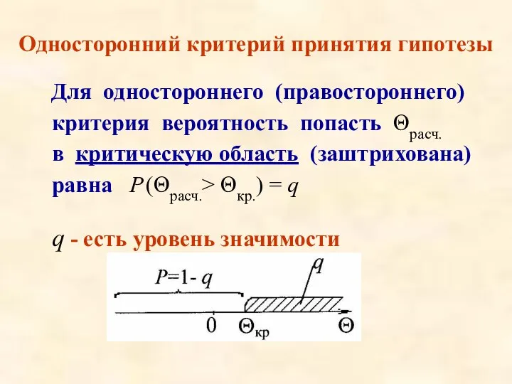 Односторонний критерий принятия гипотезы Для одностороннего (правостороннего) критерия вероятность попасть Θрасч. в