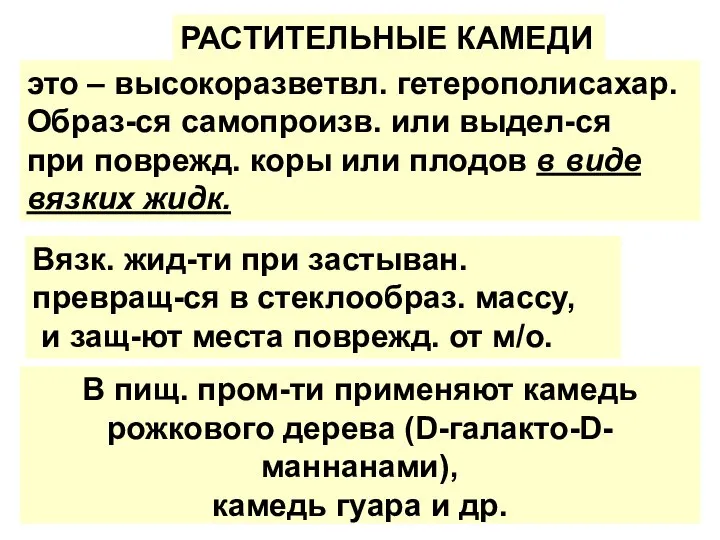 В пищ. пром-ти применяют камедь рожкового дерева (D-галакто-D-маннанами), камедь гуара и др.