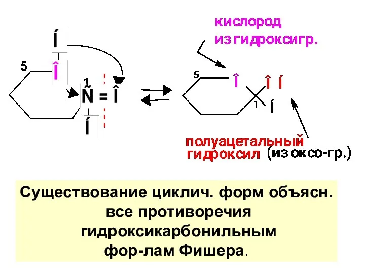 Существование циклич. форм объясн. все противоречия гидроксикарбонильным фор-лам Фишера.