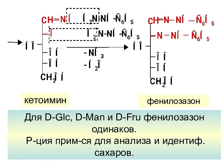 кетоимин фенилозазон Для D-Glc, D-Man и D-Fru фенилозазон одинаков. Р-ция прим-ся для анализа и идентиф. сахаров.