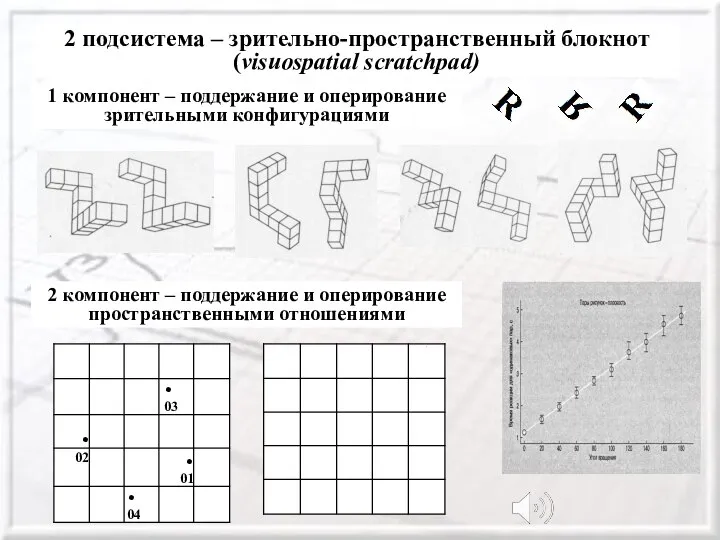 2 подсистема – зрительно-пространственный блокнот (visuospatial scratchpad) 1 компонент – поддержание и