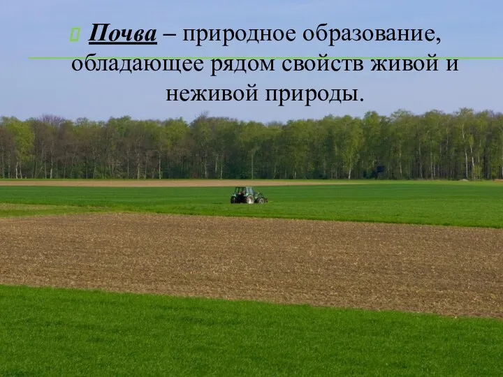 Почва – природное образование, обладающее рядом свойств живой и неживой природы.