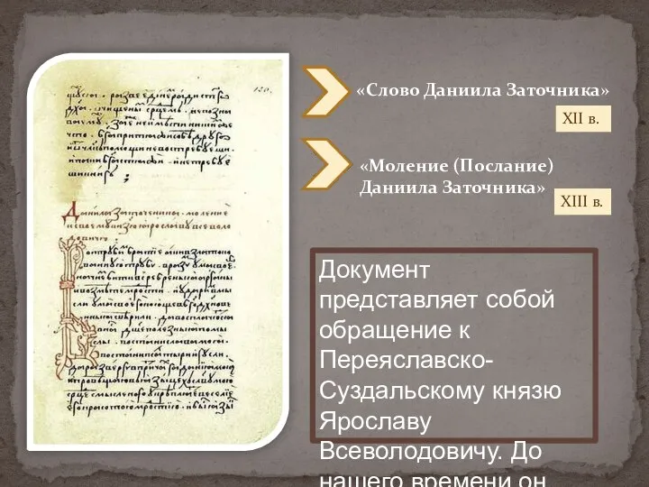 «Слово Даниила Заточника» «Моление (Послание) Даниила Заточника» XII в. XIII в. Документ