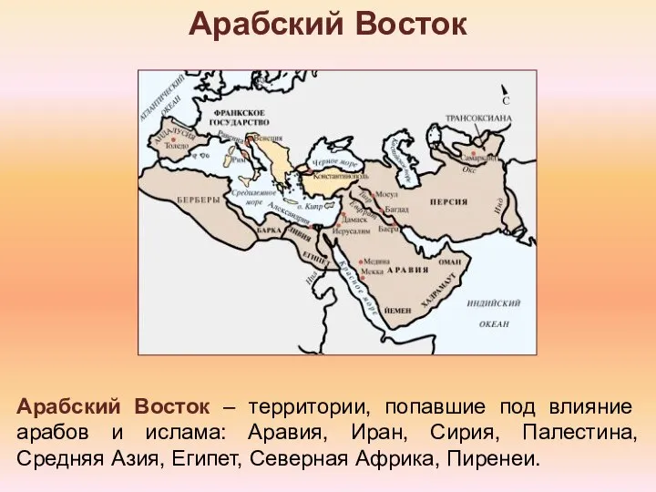 Арабский Восток Арабский Восток – территории, попавшие под влияние арабов и ислама: