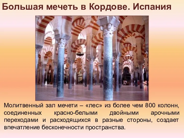 Большая мечеть в Кордове. Испания Молитвенный зал мечети – «лес» из более