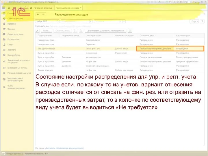 Состояние настройки распределения для упр. и регл. учета. В случае если, по