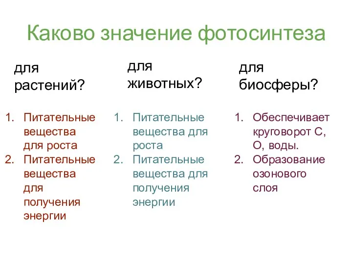 Каково значение фотосинтеза для растений? для животных? для биосферы? Питательные вещества для